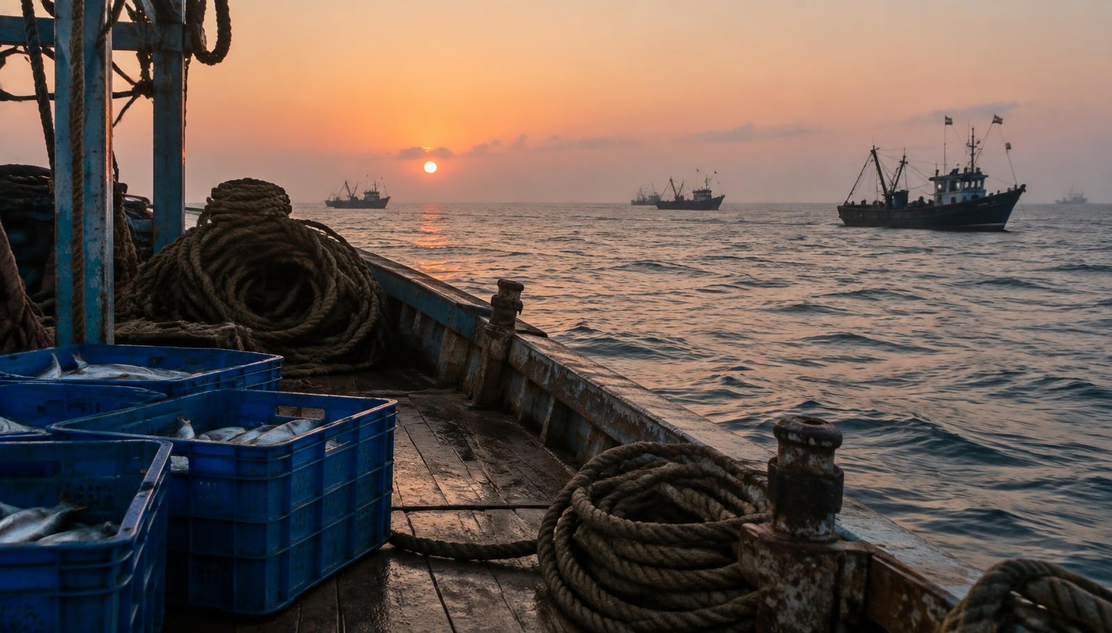 Fishing boats and fresh catch at an Indian coastal harbour at sunrise